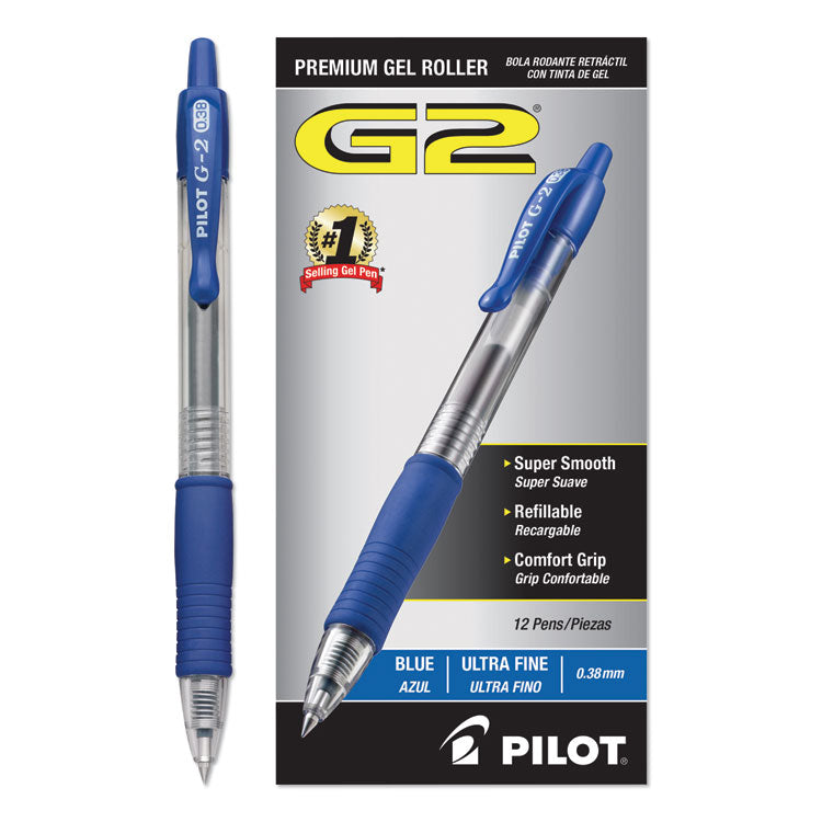 G2 Premium Gel Pen Convenience Pack, Retractable, Extra-Fine 0.38 mm, Blue Ink, Smoke/Blue Barrel, Dozen