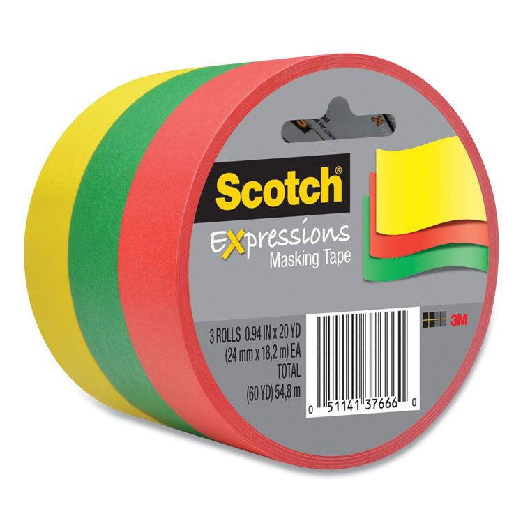 Expressions Masking Tape, 3  Core, 0.94  x 20 yds, Red, Green, Yellow, 3 Rolls/Pack