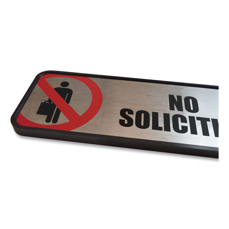 Brushed Metal Office Sign, No Soliciting, 9 x 3, Silver/Red