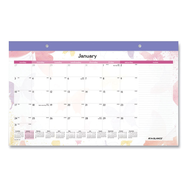 Watercolors Monthly Desk Pad Calendar, Butterfly Artwork, 17.75 x 11, White Sheets, Purple Binding, 12-Month (Jan-Dec): 2025