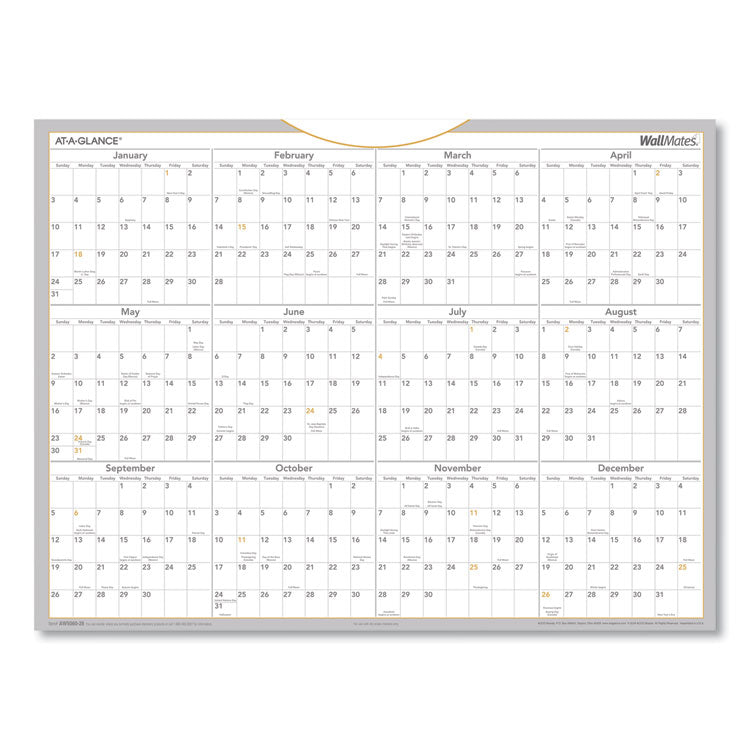 WallMates Self-Adhesive Dry Erase Yearly Planning Surfaces, 24 x 18, White/Gray/Orange Sheets, 12-Month (Jan to Dec): 2025