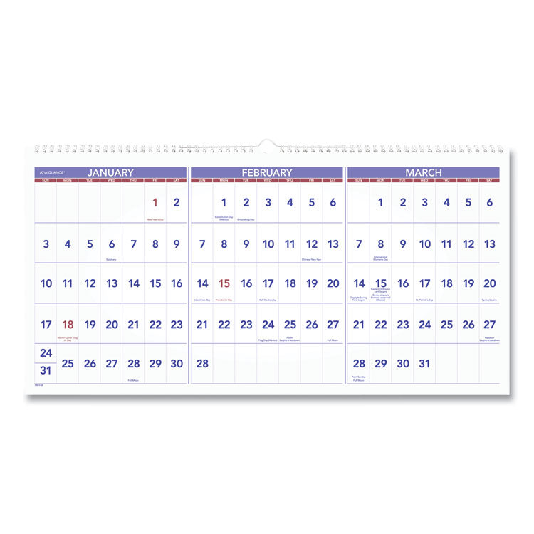 Deluxe Three-Month Reference Wall Calendar, Horizontal Orientation, 24 x 12, White Sheets, 15-Month: Dec 2024 to Feb 2026