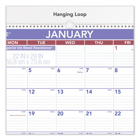 Two-Month Wall Calendar, 22 x 29, White/Blue/Red Sheets, 12-Month (Jan to Dec): 2025