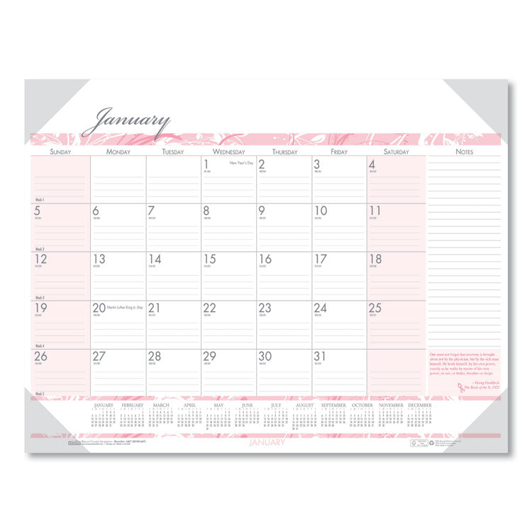 Recycled Monthly Desk Pad Calendar, Breast Cancer Awareness Artwork, 18.5 x 13, Black Binding/Corners,12-Month(Jan-Dec): 2025