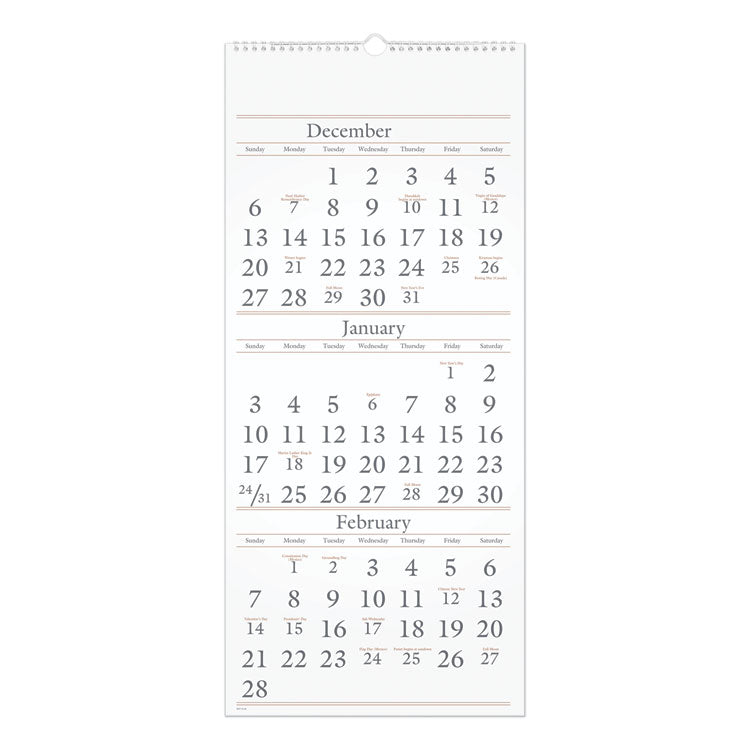 Three-Month Reference Wall Calendar, 12 x 27, White Sheets, 15-Month: Dec 2024 to Feb 2026