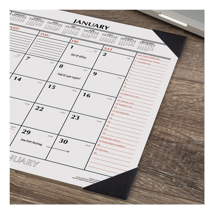 Two-Color Monthly Desk Pad Calendar, 22 x 17, White Sheets, Black Corners, 12-Month (Jan to Dec): 2025