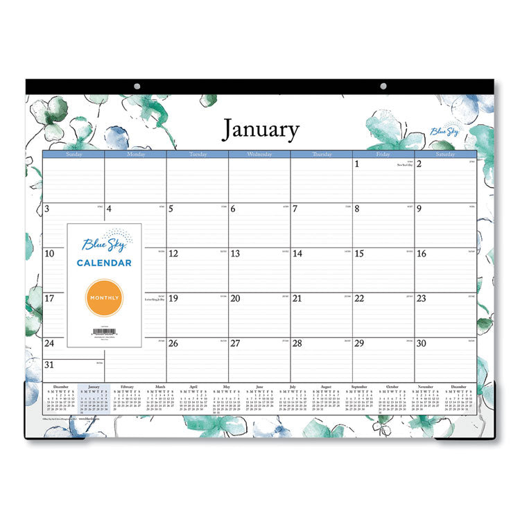 Lindley Desk Pad, Floral Artwork, 22 x 17, White/Blue/Green Sheets, Black Binding, Clear Corners, 12-Month (Jan to Dec): 2025