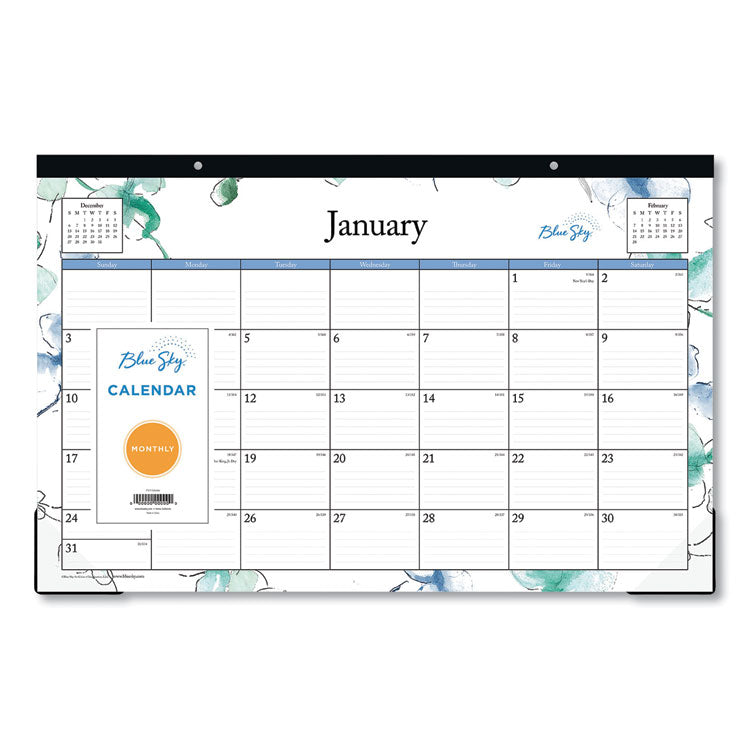 Lindley Desk Pad, Floral Artwork, 17 x 11, White/Blue/Green Sheets, Black Binding, Clear Corners, 12-Month (Jan to Dec): 2025