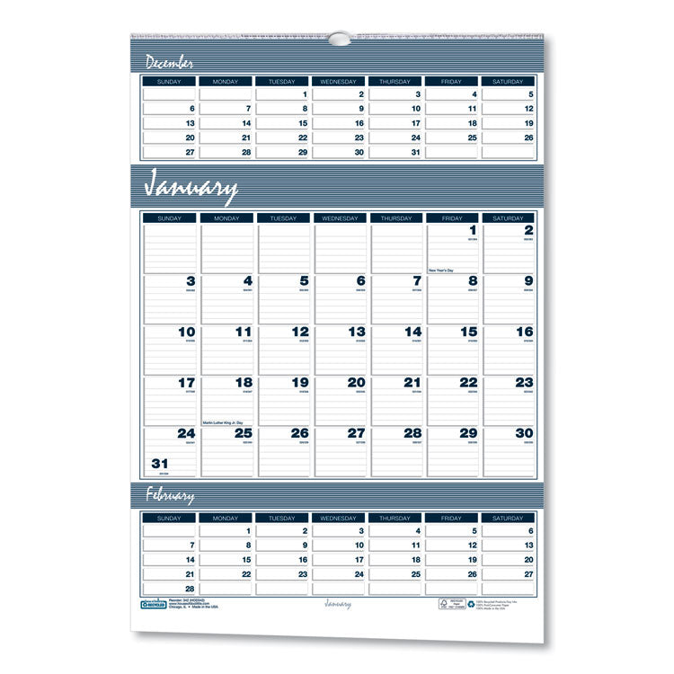 Bar Harbor Recycled Wirebound 3-Months-per-Page Wall Calendar, 15.5 x 22, White/Blue/Gray, 14-Month: Dec 2024 to Jan 2026