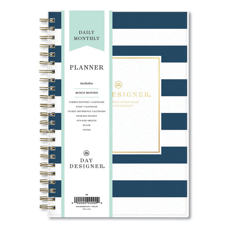 Day Designer Navy Stripe Daily/Monthly Planner, Horizontal Stripe Artwork, 8 x 5, Navy/White Cover, 12-Month (Jan-Dec): 2025