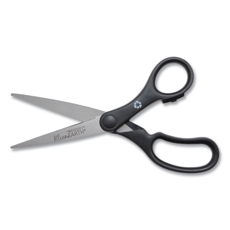 KleenEarth Basic Plastic Handle Scissors, Pointed Tip, 7" Long, 2.8" Cut Length, Black Straight Handle
