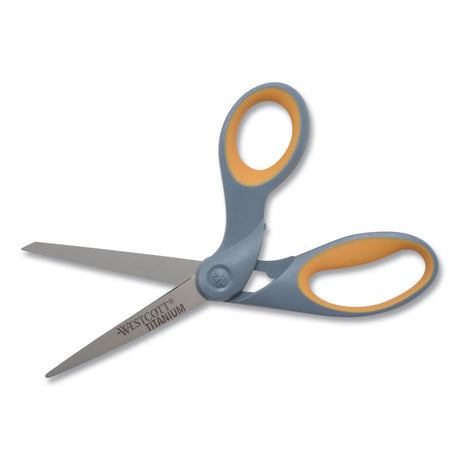 Titanium Bonded Scissors, 8" Long, 3.5" Cut Length, Gray/Yellow Offset Handle