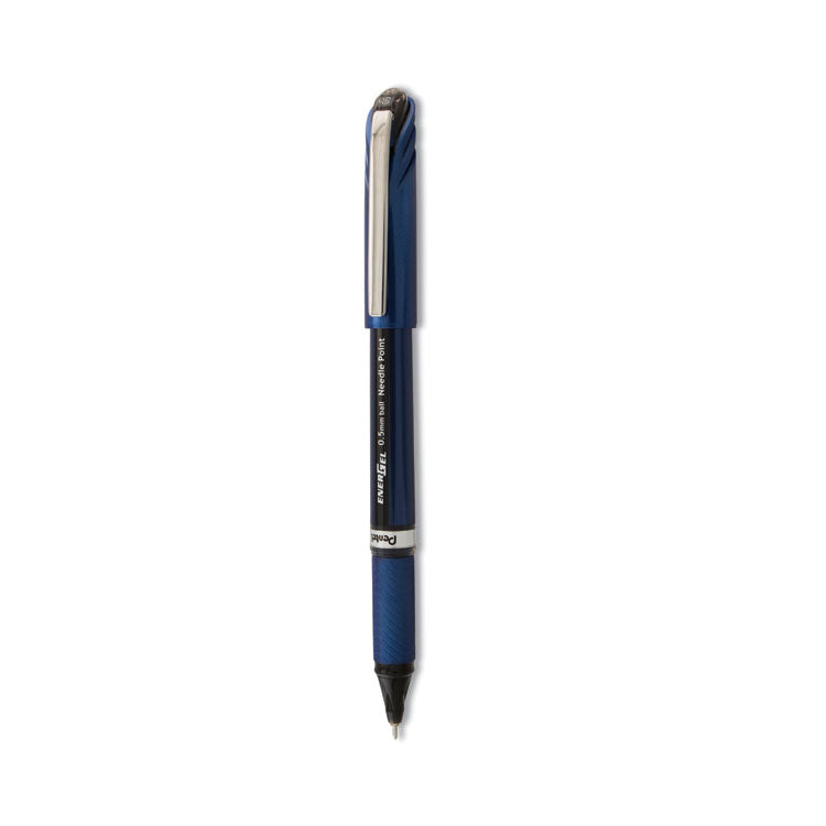 EnerGel NV Gel Pen, Stick, Fine 0.5 mm Needle Tip, Black Ink, Blue/Black Barrel, Dozen