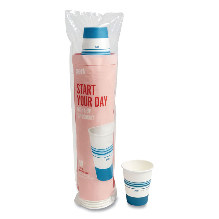 Paper Hot Cups, 12 oz, White/Blue, 50/Pack