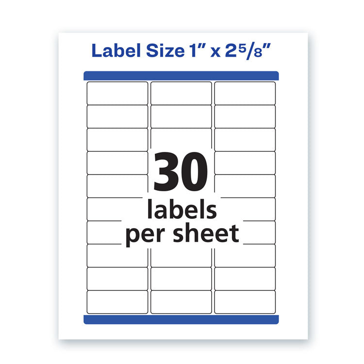 Waterproof Address Labels with TrueBlock and Sure Feed, Laser Printers, 1 x 2.63, White, 30/Sheet, 50 Sheets/Pack