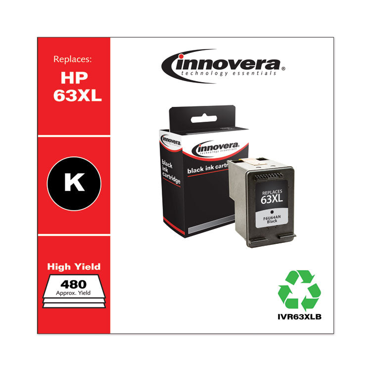 Remanufactured Black High-Yield Ink, Replacement for 63XL (F6U64AN), 480 Page-Yield