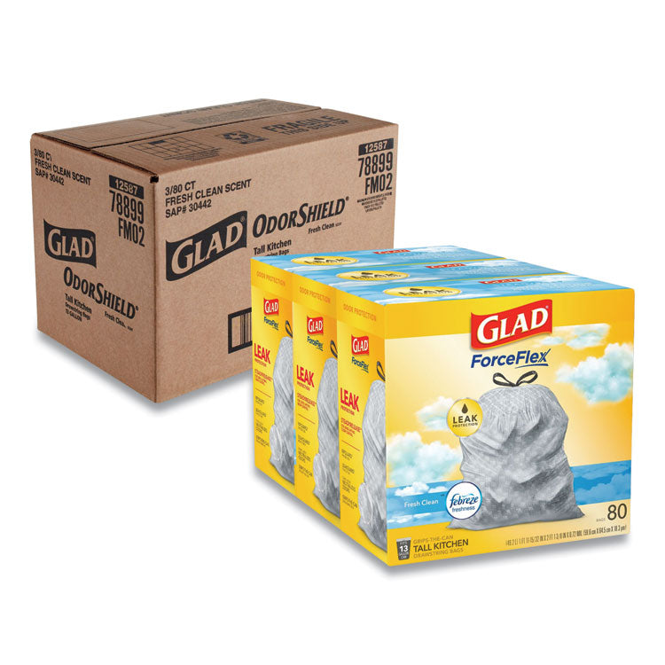 OdorShield Tall Kitchen Drawstring Bag Value Pack, 13 gal, Fresh Clean Scent, 24  x 27.38 , White, 80 Bags/Box, 3 Boxes/CT