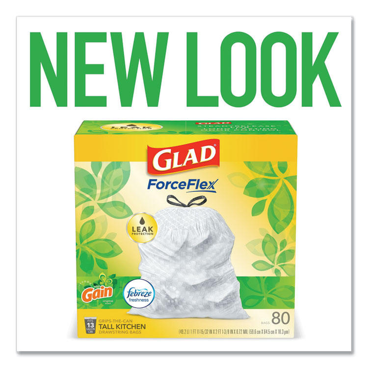 OdorShield Tall Kitchen Drawstring Bags, 13 gal, Gain Original Scent, 24  x 27.38 , White, 80/Box