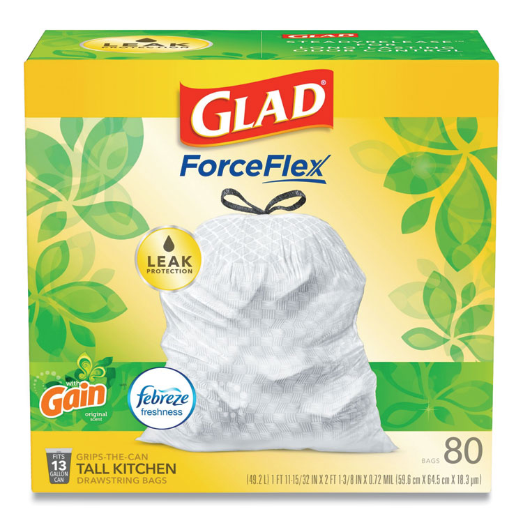 OdorShield Tall Kitchen Drawstring Bag Value Pack, 13 gal, Gain Original Scent, 24  x 27.38 , White, 80 Bags/Box, 3 Boxes/CT