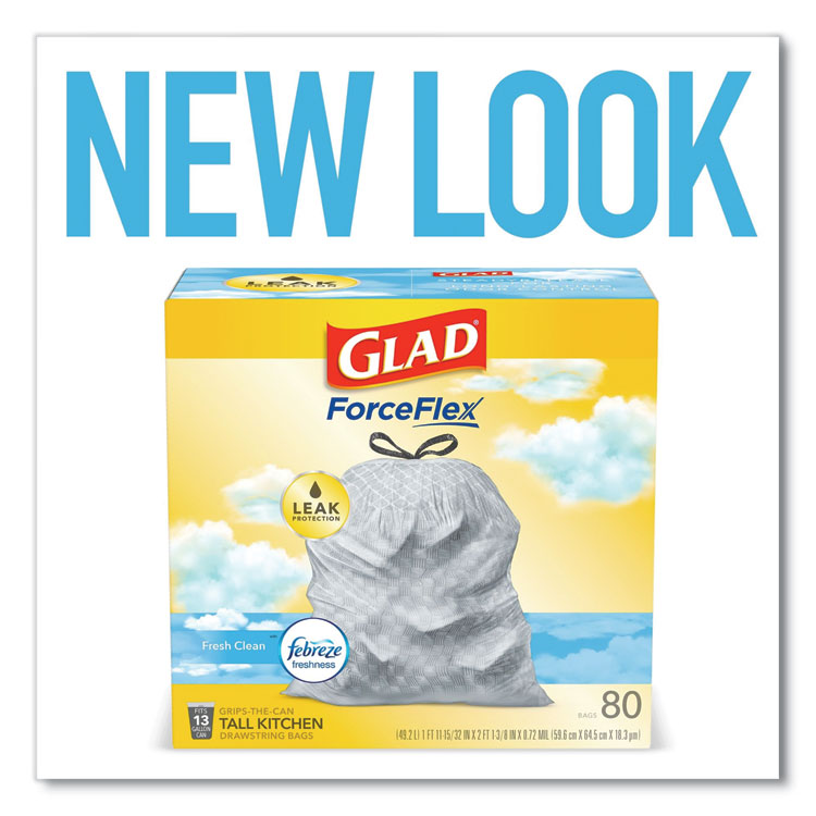 OdorShield Tall Kitchen Drawstring Bags, 13 gal, Fresh Clean Scent, 24  x 27.38 , White, 80/Box