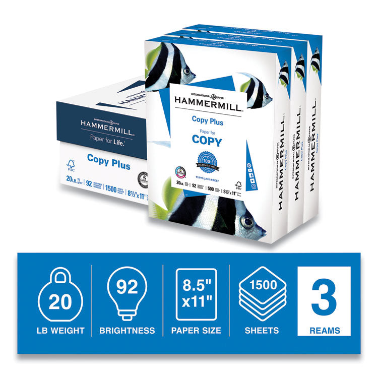 Copy Plus Print Paper, 92 Bright, 20 lb Bond Weight, 8.5 x 11, White, 500 Sheets/Ream, 3 Reams/Carton