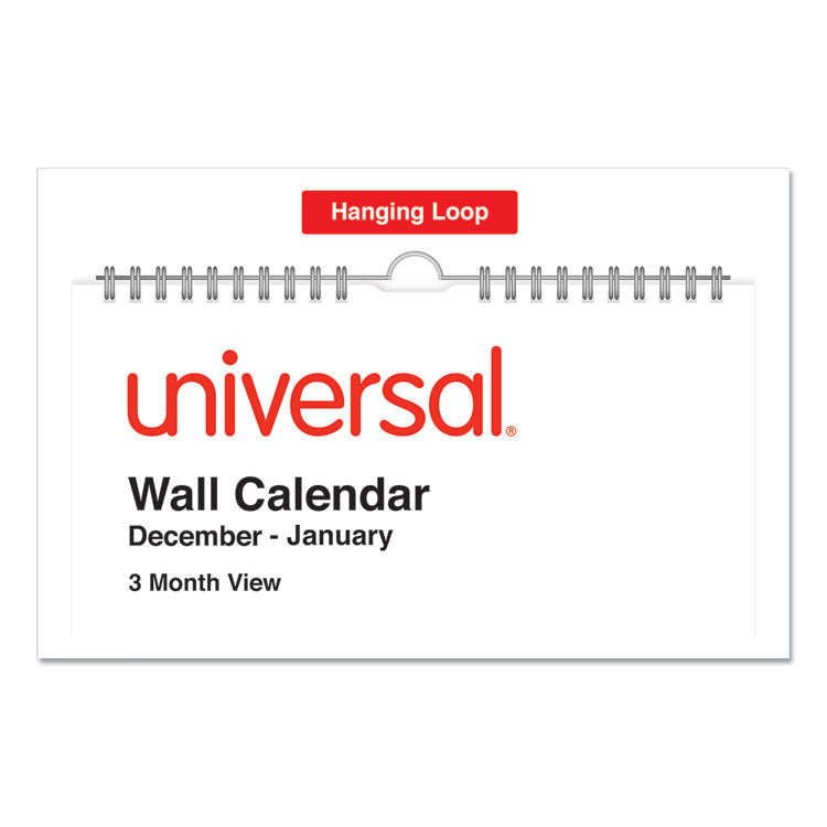 Three-Month Wall Calendar, 12 x 27, White/Red Sheets, 14-Month: Dec 2024 to Jan 2026