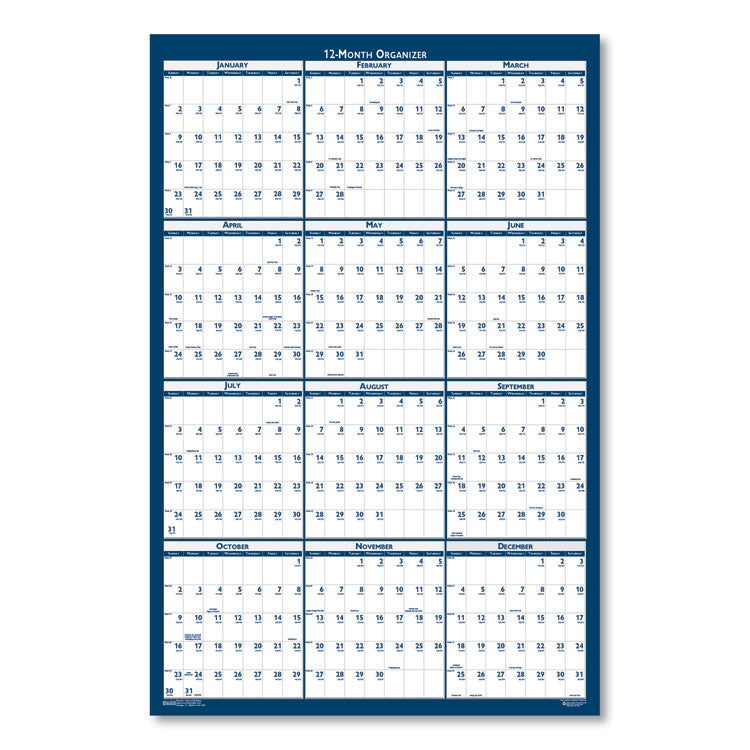 Recycled Poster Style Reversible/Erasable Yearly Wall Calendar, 18 x 24, White/Blue/Gray Sheets, 12-Month (Jan to Dec): 2025