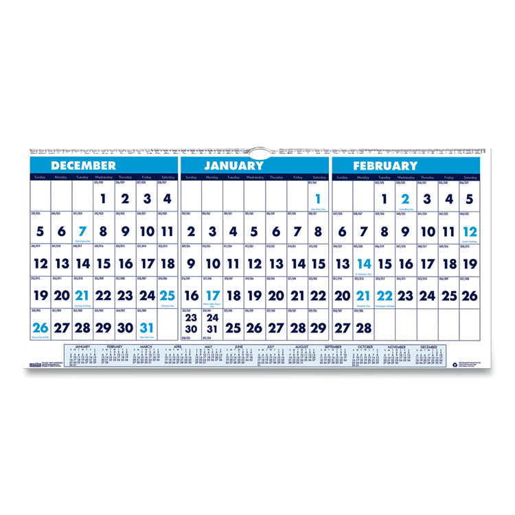 Recycled Three-Month Format Wall Calendar, Horizontal Orientation, 23.5 x 12, White Sheets, 14-Month: Dec 2024 to Jan 2026