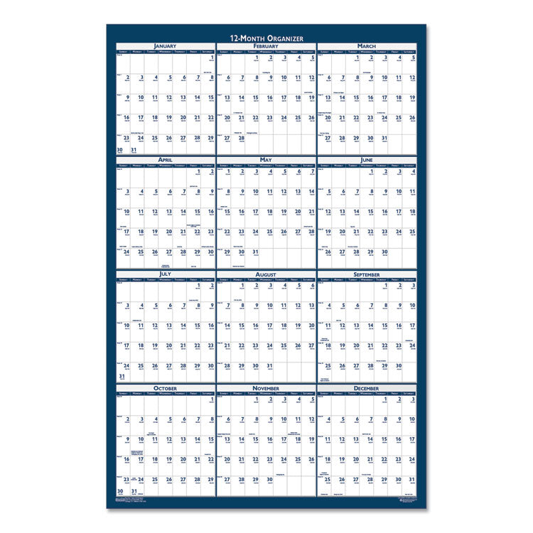 Recycled Poster Style Reversible/Erasable Yearly Wall Calendar, 24 x 37, White/Blue/Gray Sheets, 12-Month (Jan to Dec): 2025