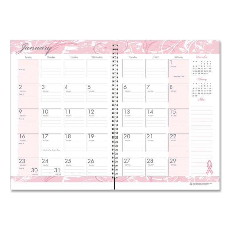 Breast Cancer Awareness Recycled Ruled Monthly Planner/Journal, 10 x 7, Pink Cover, 12-Month (Jan to Dec): 2025