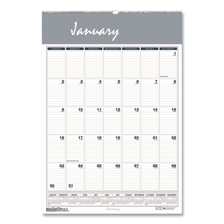 Bar Harbor Recycled Wirebound Monthly Wall Calendar, 15.5 x 22, White/Blue/Gray Sheets, 12-Month (Jan-Dec): 2025