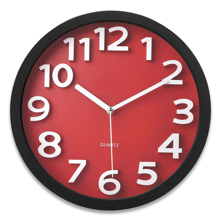 Wall Clock with Raised Numerals and Silent Sweep Dial, 13  Overall Diameter, Black Case, Red Face, 1 AA (sold separately)
