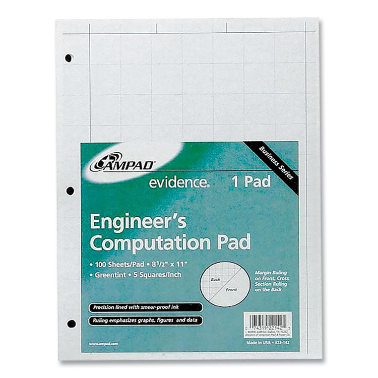 Evidence Engineer s Computation Pad, Cross-Section Quadrille Rule (5 sq/in, 1 sq/in), 100 Green-Tint 8.5 x 11 Sheets