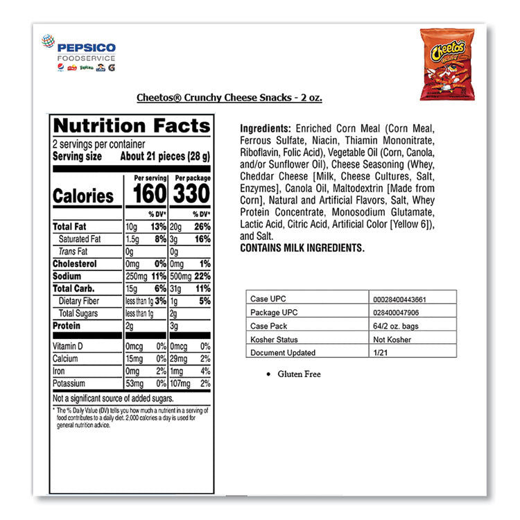 Crunchy Cheese Flavored Snacks, 2 oz Bag, 64/Carton