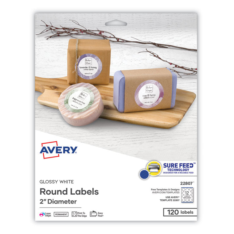 Round Print-to-the Edge Labels with Sure Feed and Easy Peel, 2" dia, Glossy White, 120/PK