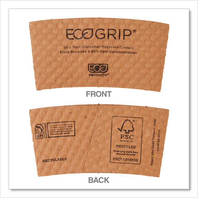 EcoGrip Hot Cup Sleeves - Renewable and Compostable, Fits 12, 16, 20, 24 oz Cups, Kraft, 1,300/Carton