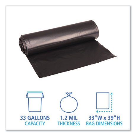 Recycled Low-Density Polyethylene Can Liners, 33 gal, 1.2 mil, 33  x 39 , Black, Perforated, 10 Bags/Roll, 10 Rolls/Carton