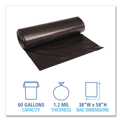 Recycled Low-Density Polyethylene Can Liners, 60 gal, 1.2 mil, 38  x 58 , Black, Perforated, 10 Bags/Roll, 10 Rolls/Carton