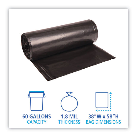 Recycled Low-Density Polyethylene Can Liners, 60 gal, 1.8 mil, 38" x 58", Black, 10 Bags/Roll, 10 Rolls/Carton