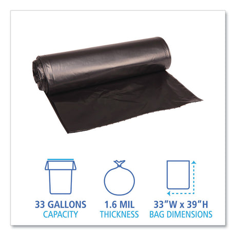 Recycled Low-Density Polyethylene Can Liners, 33 gal, 1.6 mil, 33  x 39 , Black, Perforated, 10 Bags/Roll, 10 Rolls/Carton