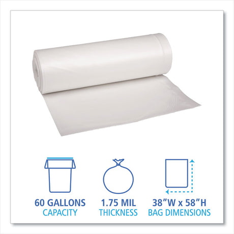 Recycled Low-Density Polyethylene Can Liners, 60 gal, 1.75 mil, 38  x 58 , Clear, Perforated, 10 Bags/Roll, 10 Rolls/Carton