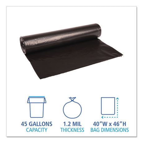 Recycled Low-Density Polyethylene Can Liners, 45 gal, 1.2 mil, 40  x 46 , Black, Perforated, 10 Bags/Roll, 10 Rolls/Carton