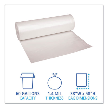 Recycled Low-Density Polyethylene Can Liners, 60 gal, 1.4 mil, 38  x 58 , Clear, Perforated, 10 Bags/Roll, 10 Rolls/Carton