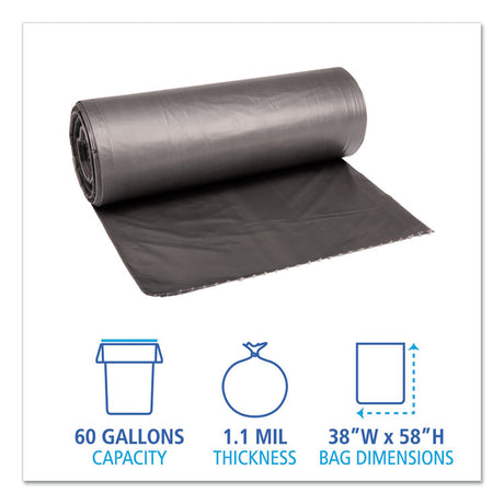 Low-Density Waste Can Liners, 60 gal, 1.1 mil, 38  x 58 , Gray, Perforated Roll, 20 Bags/Roll, 5 Rolls/Carton