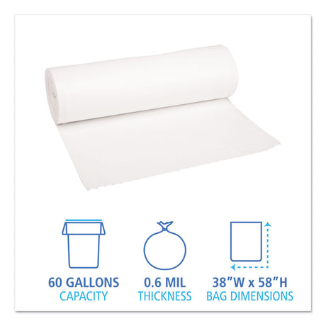 Low-Density Waste Can Liners, 60 gal, 0.6 mil, 38  x 58 , White, Perforated Roll, 25 Bags/Roll, 4 Rolls/Carton