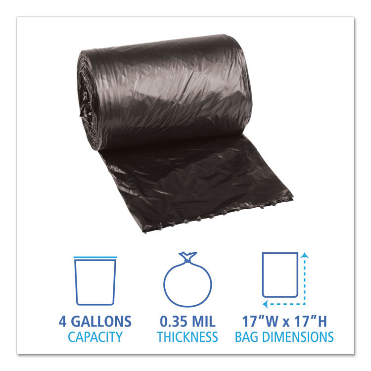 Low-Density Waste Can Liners, 4 gal, 0.35 mil, 17  x 17 , Black, Perforated Roll, 50 Bags/Roll, 20 Rolls/Carton