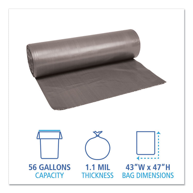 Low-Density Waste Can Liners, 56 gal, 1.1 mil, 43  x 47 , Gray, Perforated Roll, 20 Bags/Roll, 5 Rolls/Carton