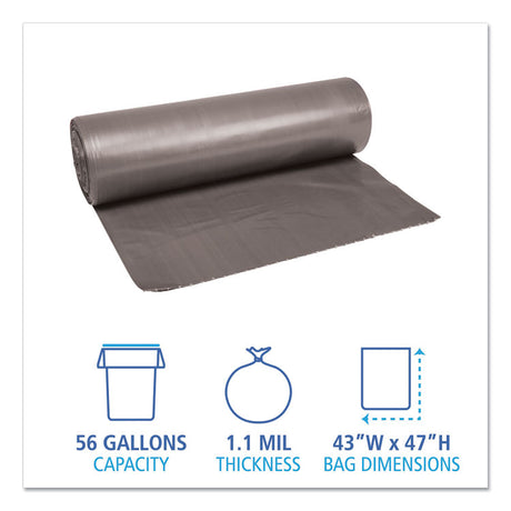 Low-Density Waste Can Liners, 56 gal, 1.1 mil, 43  x 47 , Gray, Perforated Roll, 20 Bags/Roll, 5 Rolls/Carton