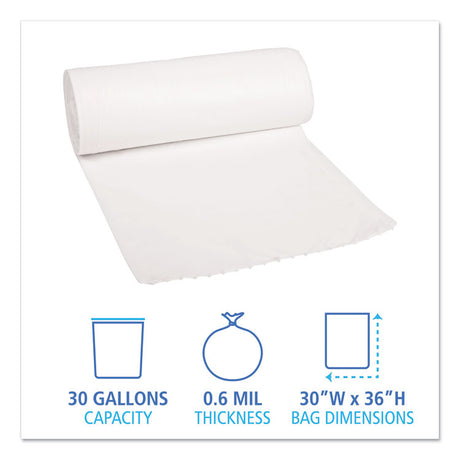 Low-Density Waste Can Liners, 30 gal, 0.6 mil, 30  x 36 , White, Perforated Roll, 25 Bags/Roll, 8 Rolls/Carton