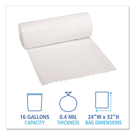 Low-Density Waste Can Liners, 16 gal, 0.4 mil, 24  x 32 , White, Perforated Roll, 25 Bags/Roll, 20 Rolls/Carton
